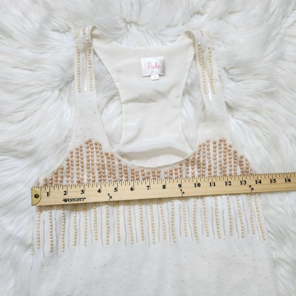 Parker Women’s Tan Cream Beaded Sleeveless Mini Dress Size M - Picture 16 of 17